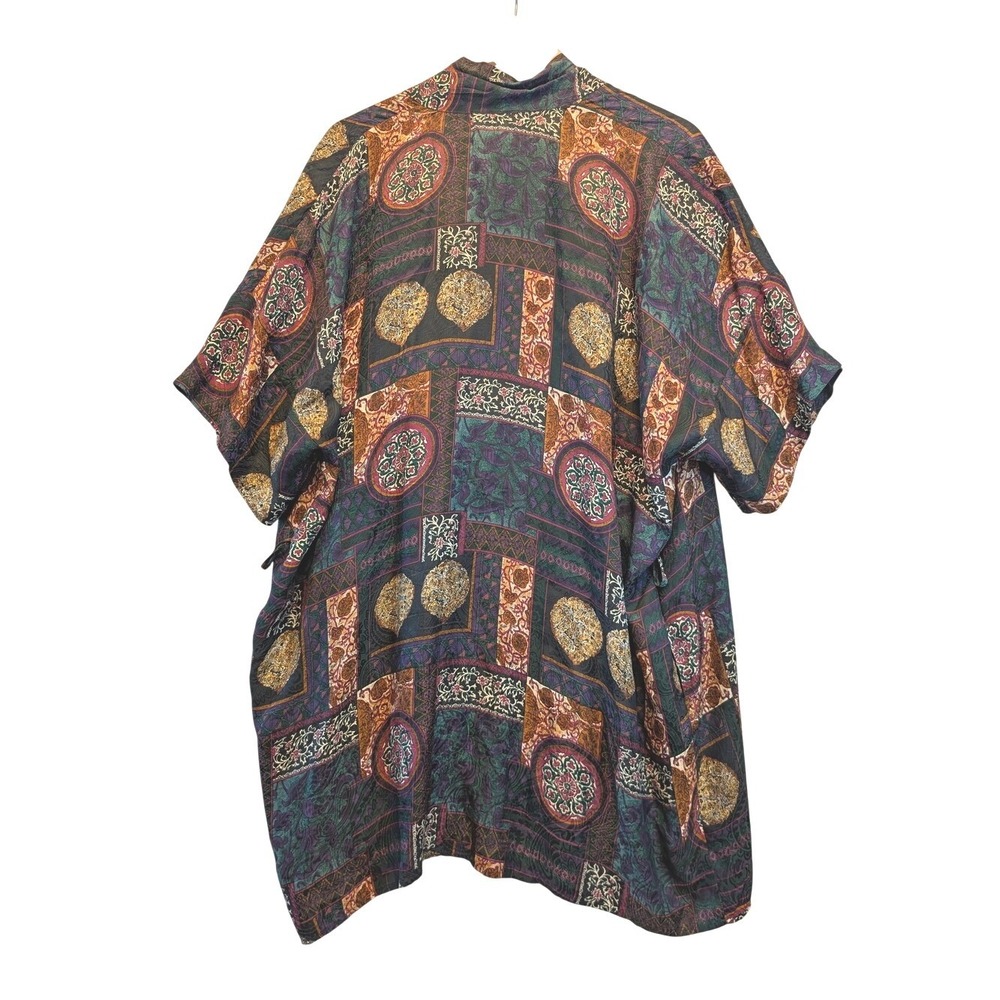 August Silk Intimates 100% Silk Kimono Robe Patchwork Tapestry Green Purple - Picture 2 of 11